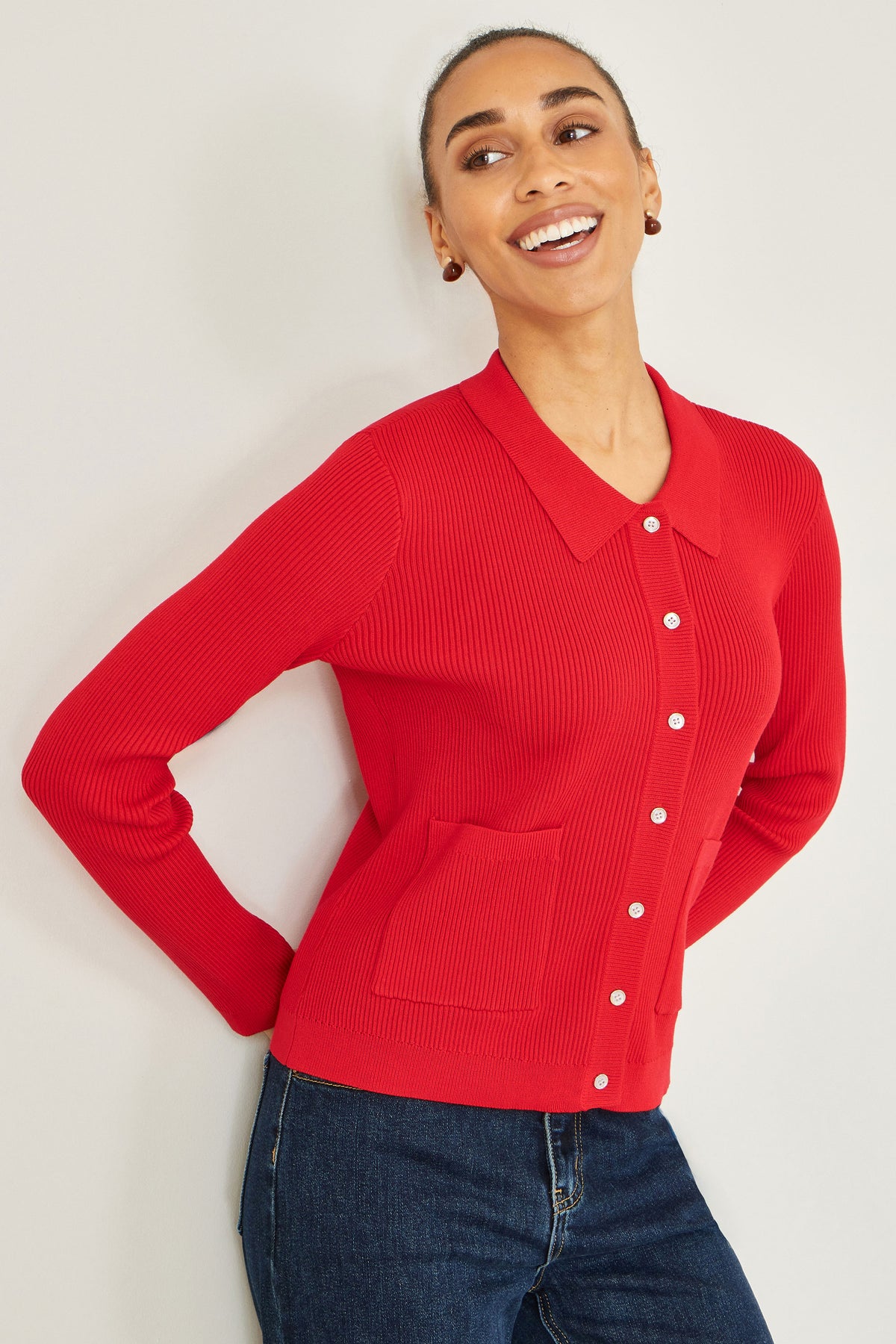 Yumi Red Ribbed Collar Button Up Cardigan Knit Cardigan Yumi