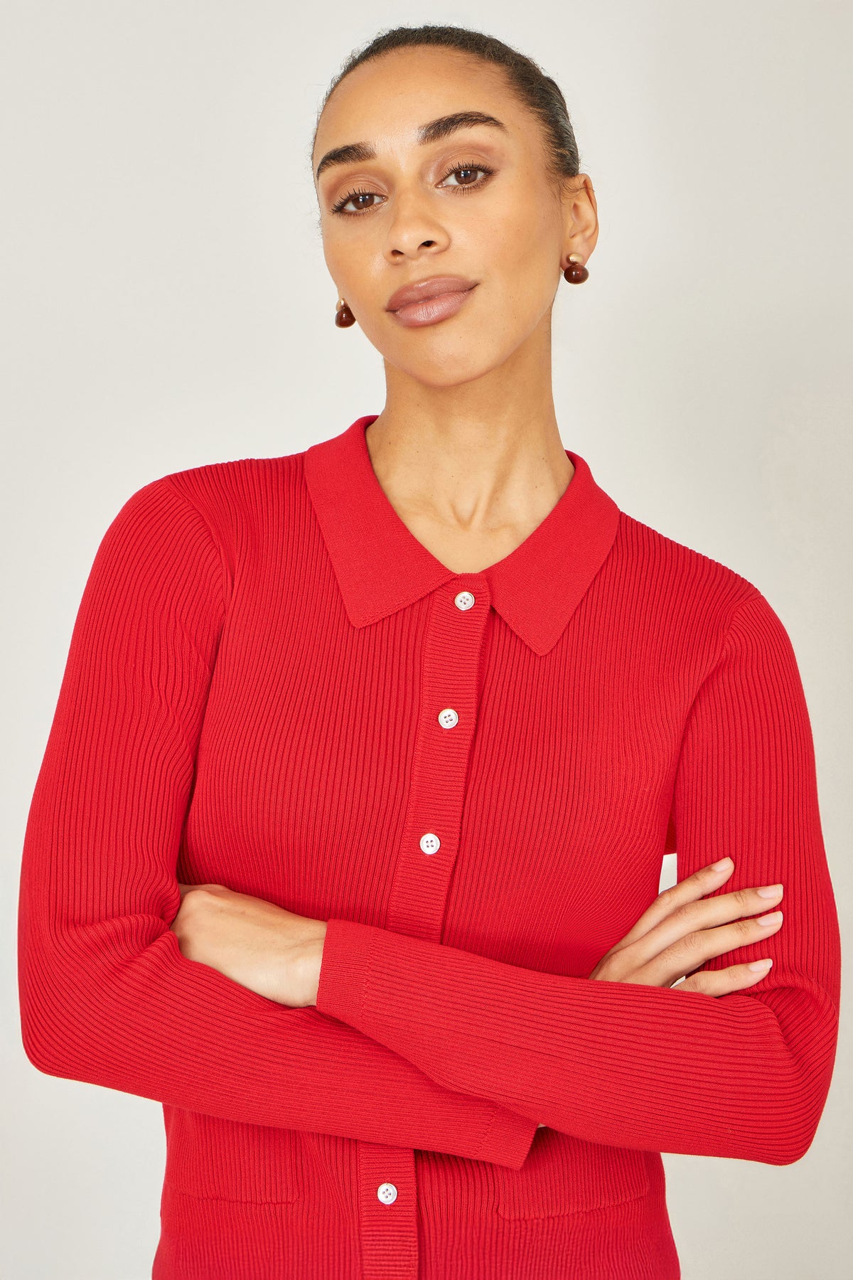 Yumi Red Ribbed Collar Button Up Cardigan Knit Cardigan Yumi