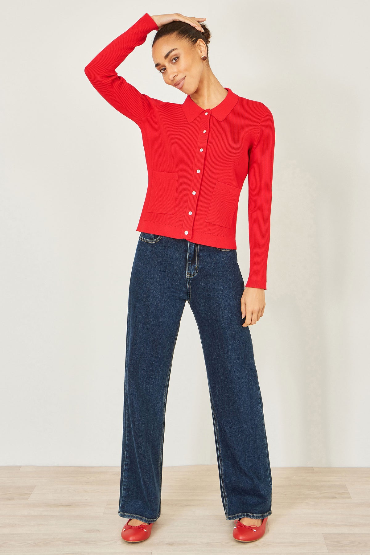 Yumi Red Ribbed Collar Button Up Cardigan Knit Cardigan Yumi