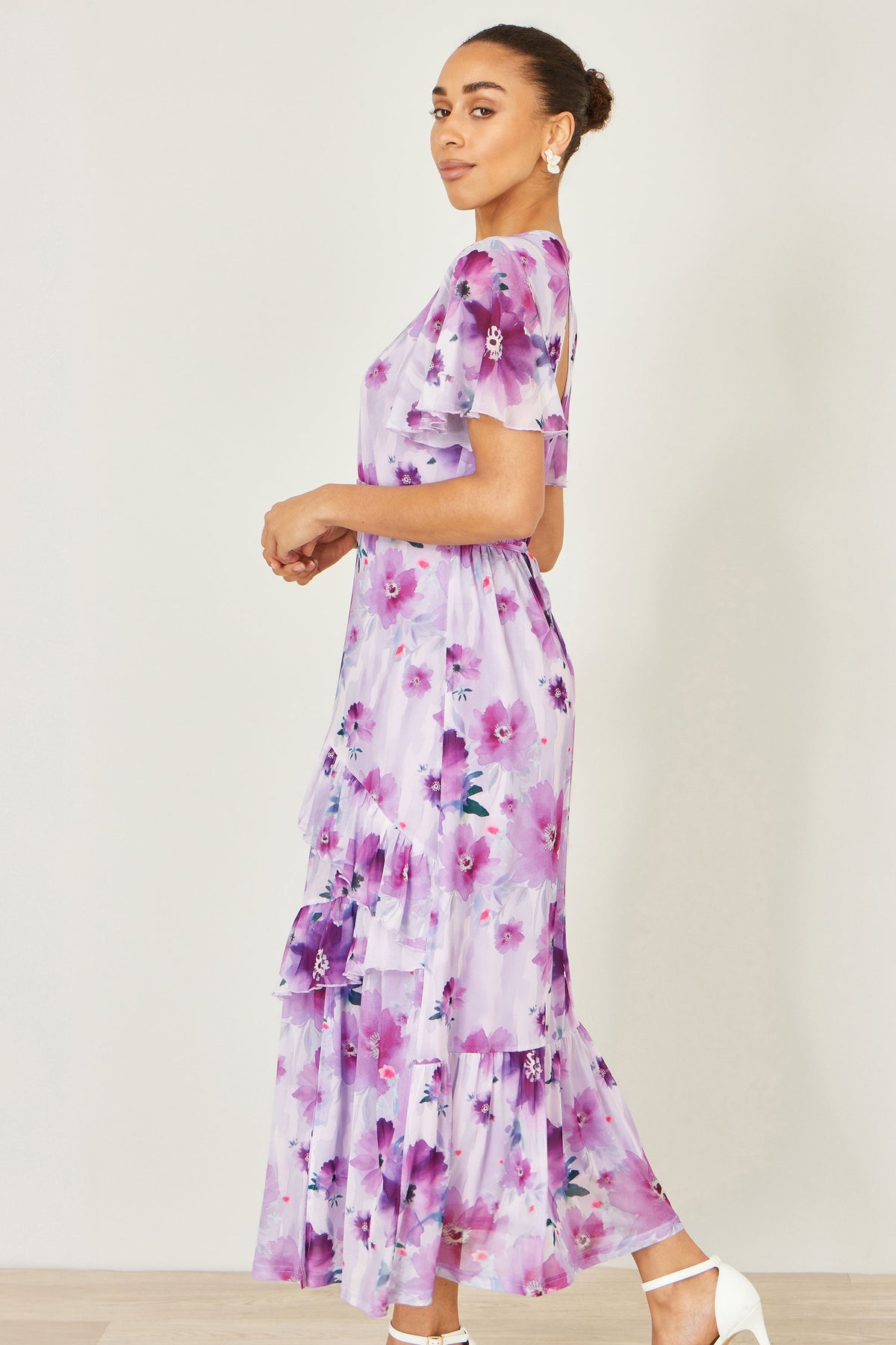 Yumi Lavender Floral Print Frill Midi Dress Dress Occasion Yumi