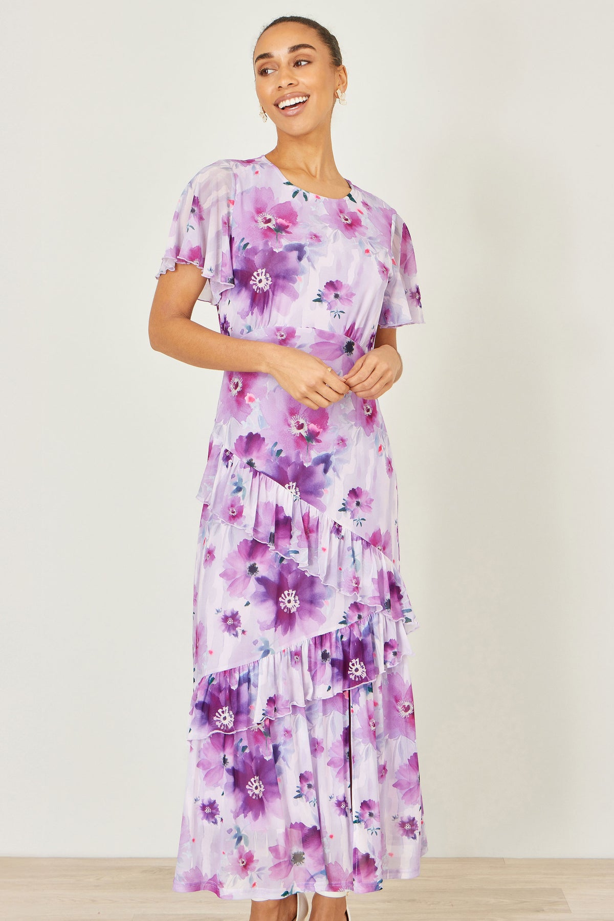 Yumi Lavender Floral Print Frill Midi Dress Dress Occasion Yumi