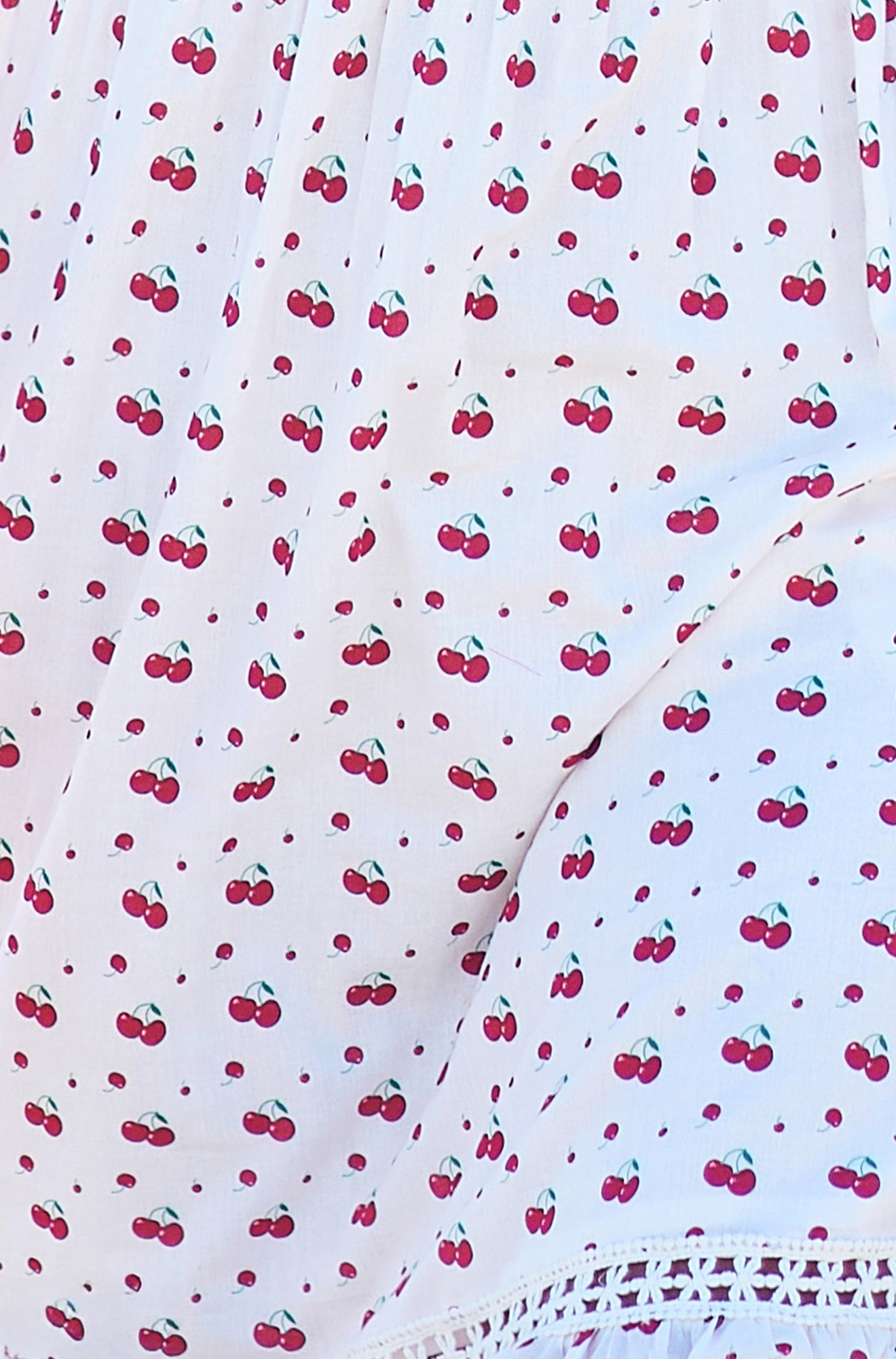 Yumi White Cherry Print Lace Trim Cotton Midi Dress Dress Casual Yumi