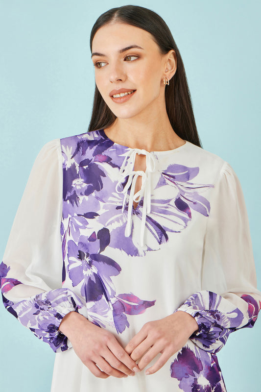 Yumi White Floral Placement Tunic With Keyhole Neckline Dress Occasion Yumi