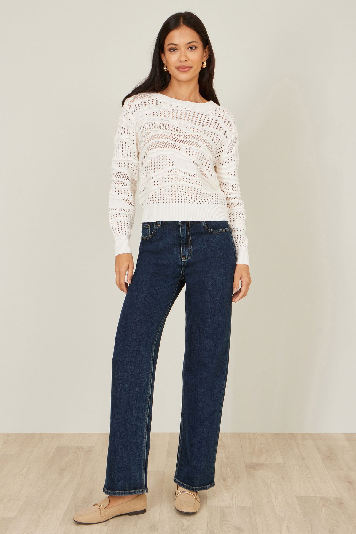 Yumi White Wave Pointelle Knitted Jumper Knit Jumper Yumi