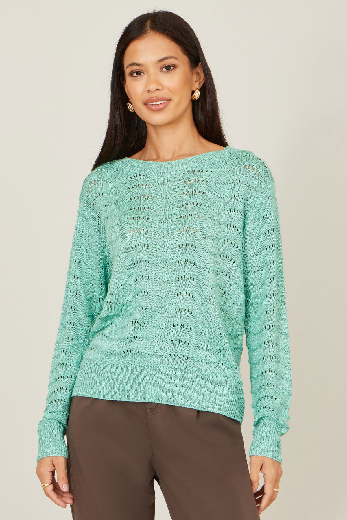 Yumi Aqua Wave Metallic Thread Relaxed Jumper Knit Jumper Yumi