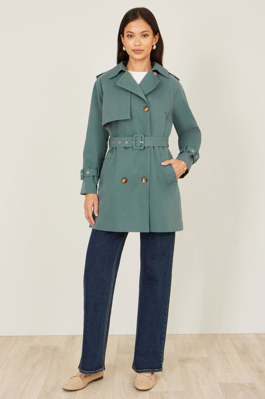 Yumi Blue Belted Trench Coat With Check Lining Outerwear Yumi