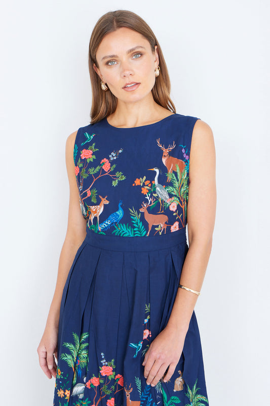 Yumi Navy Woodland Animal Print Cotton Midi Skater Dress Dress Casual Yumi