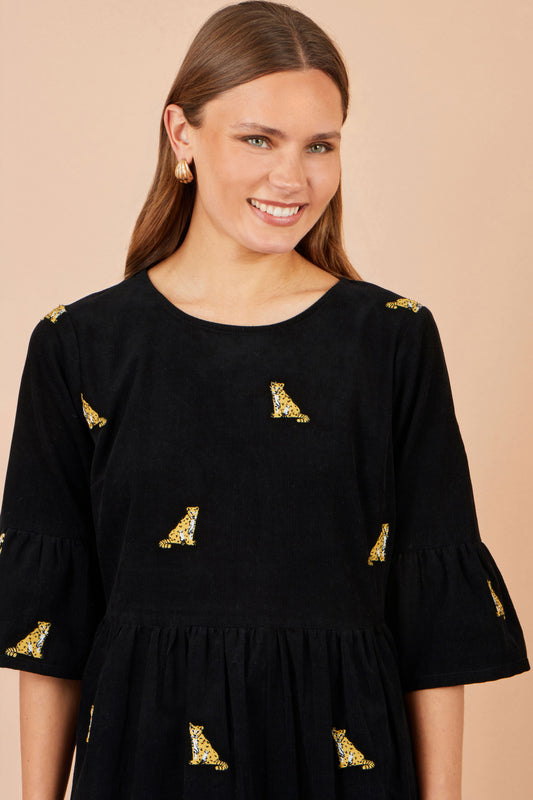 Yumi Black Leopard Embroidered Cord Tunic Dress Casual Yumi
