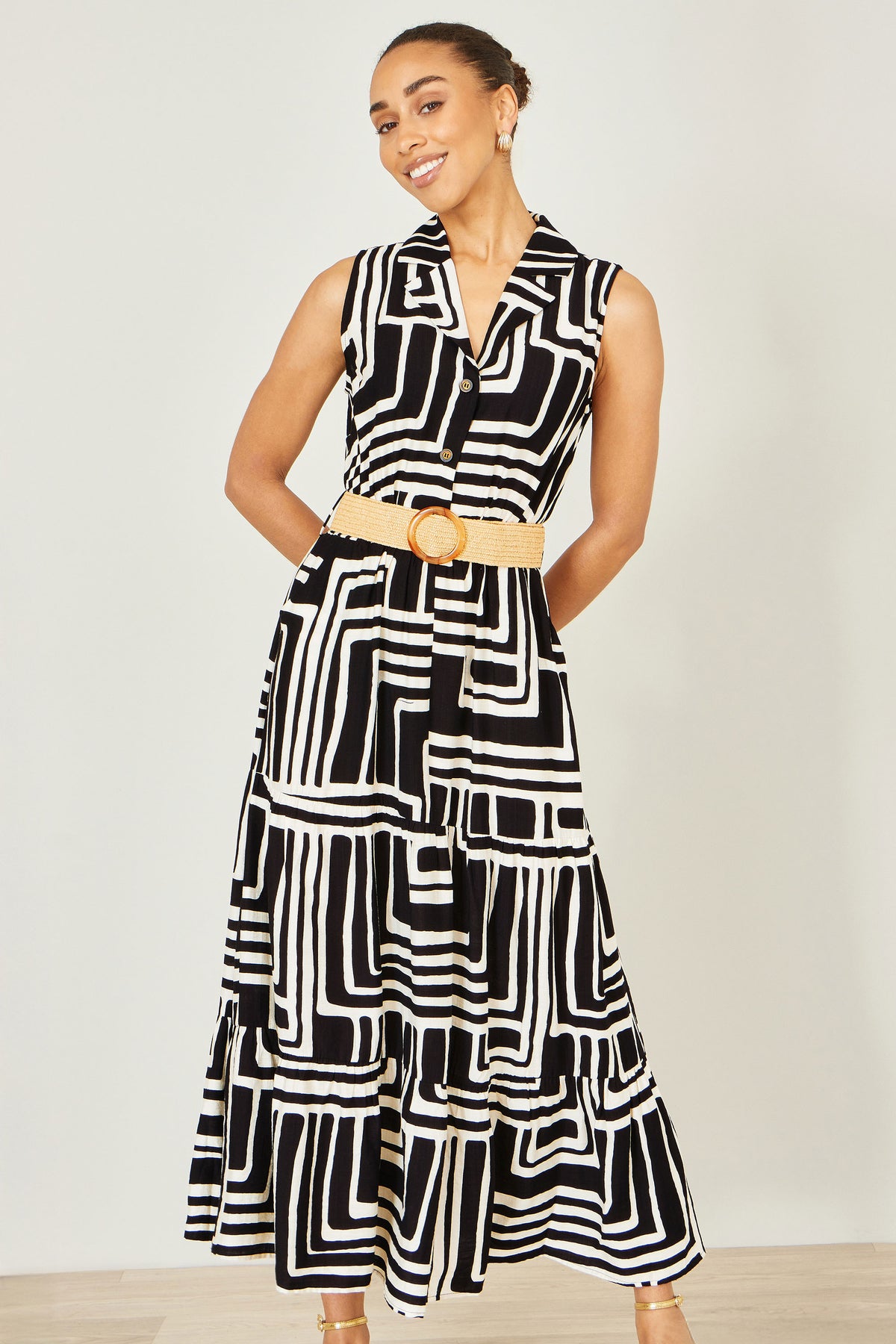Yumi Black Viscose Geo Print Midi Shirt Dress With Matching Belt Dress Casual Yumi