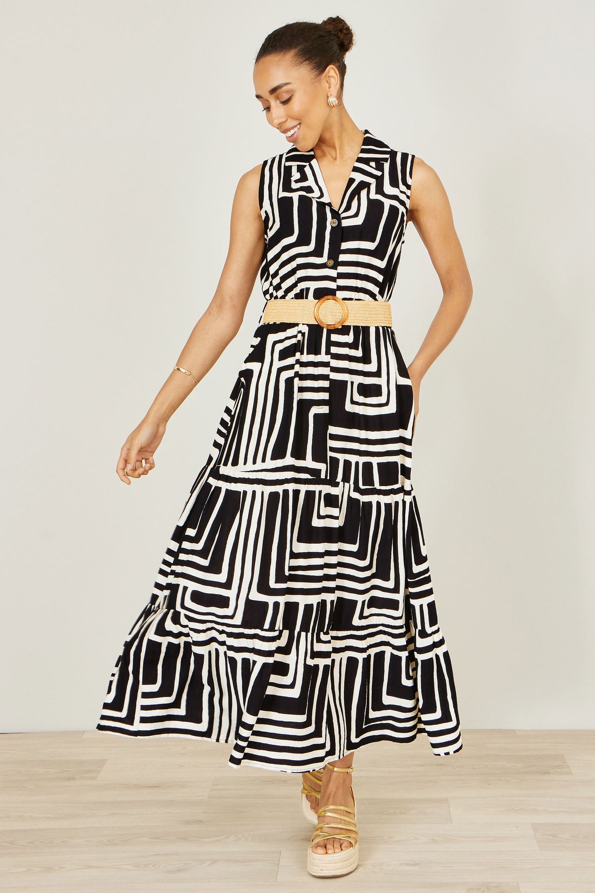 Yumi Black Viscose Geo Print Midi Shirt Dress With Matching Belt Dress Casual Yumi