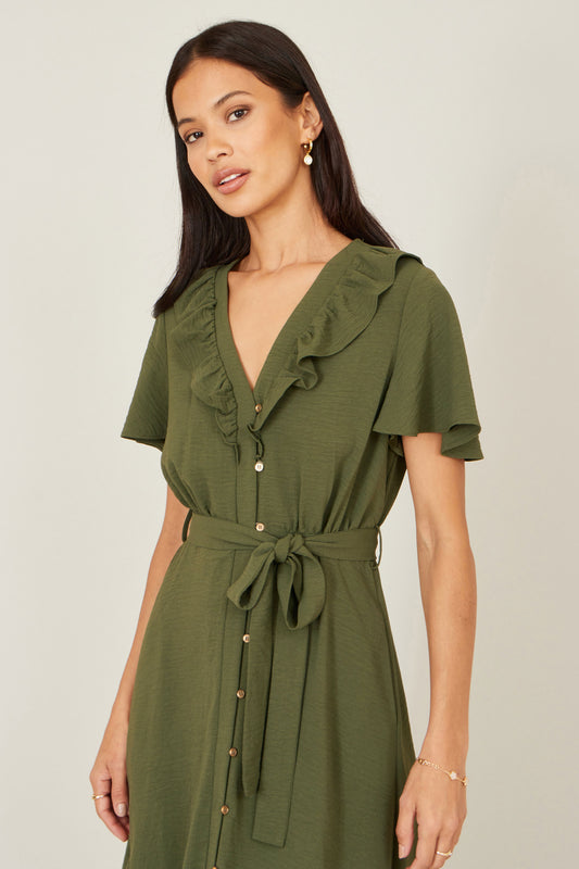 Yumi Green Ruffle Collar Midi Shirt Dress Dress Casual Yumi