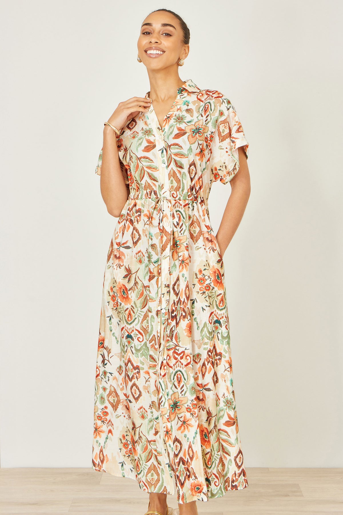 Yumi Ivory Viscose Relaxed Boho Print Maxi Shirt Dress Dress Casual Yumi