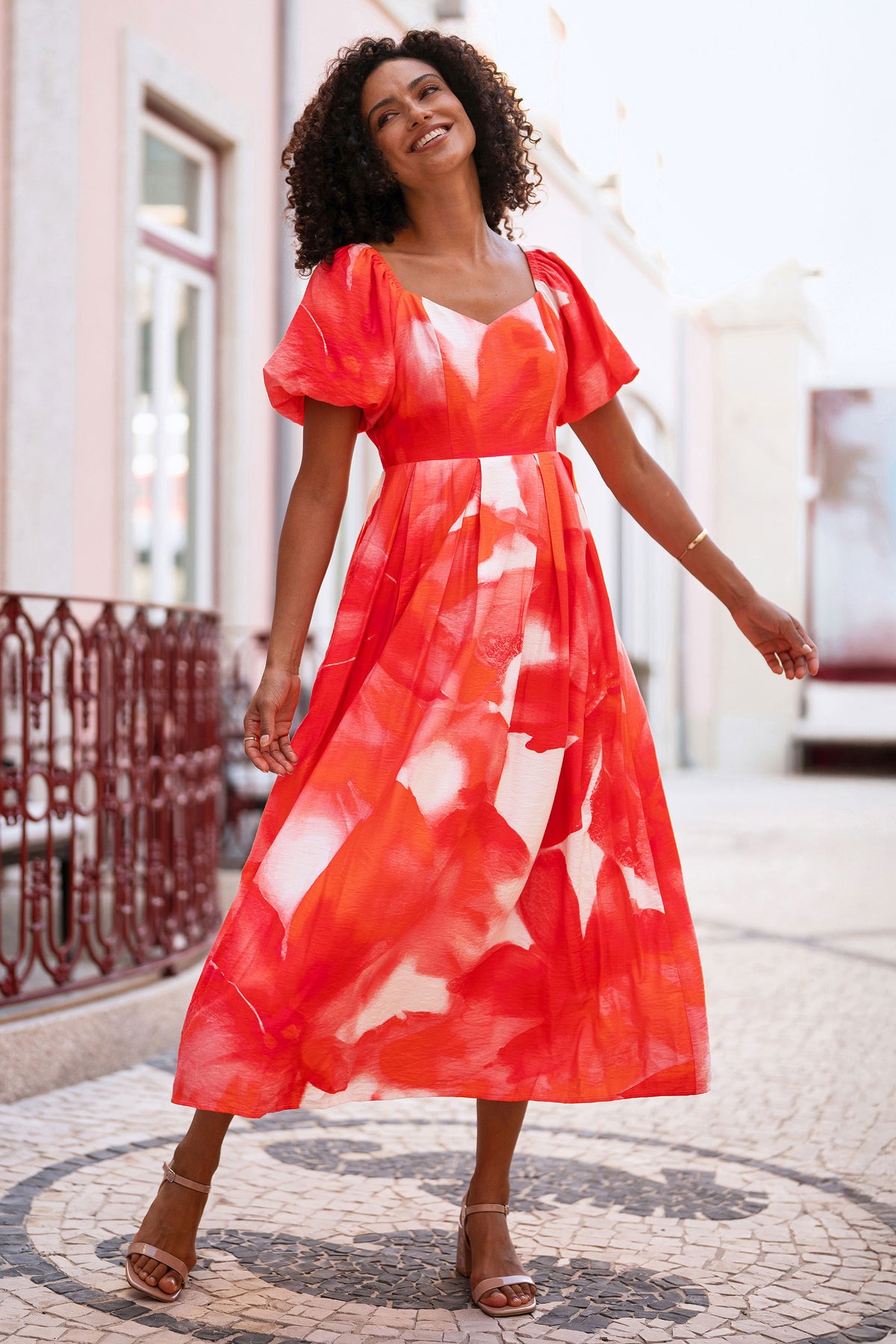 Yumi Red Viscose Floral Midi Dress With Puff Sleeves Dress Occasion Yumi
