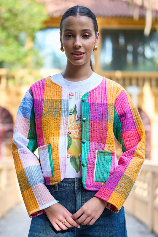 Yumi Multicolour Checked Cropped Reversible Cotton Quilted Jacket Outerwear Yumi