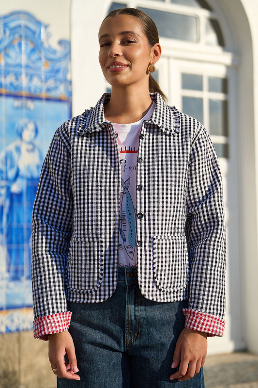 Yumi Black Gingham Frill Collar Jacket Outerwear Yumi
