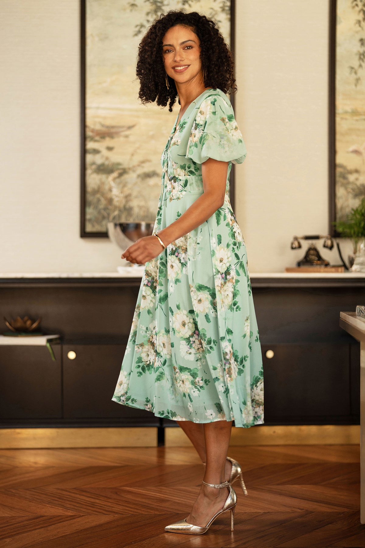 Yumi Mint Floral Tea Dress With Front Ties Dress Occasion Yumi