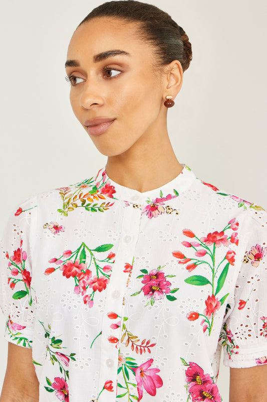 Yumi White Cotton Broderie Anglaise Floral Shirt