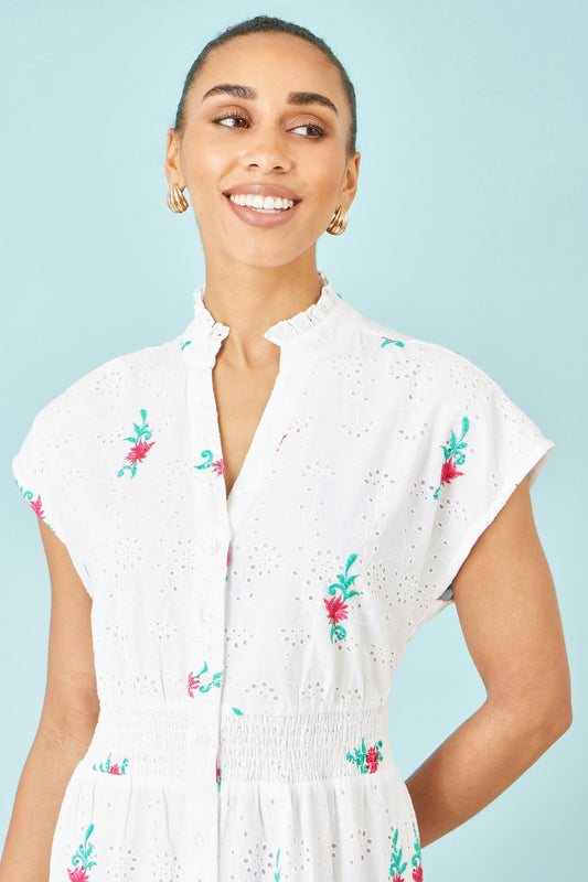 Yumi White Cotton Broderie Anglaise Embroidered Midi Dress Beachwear Yumi
