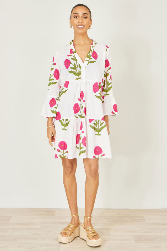 Yumi White Cotton Floral Tunic Beachwear Yumi