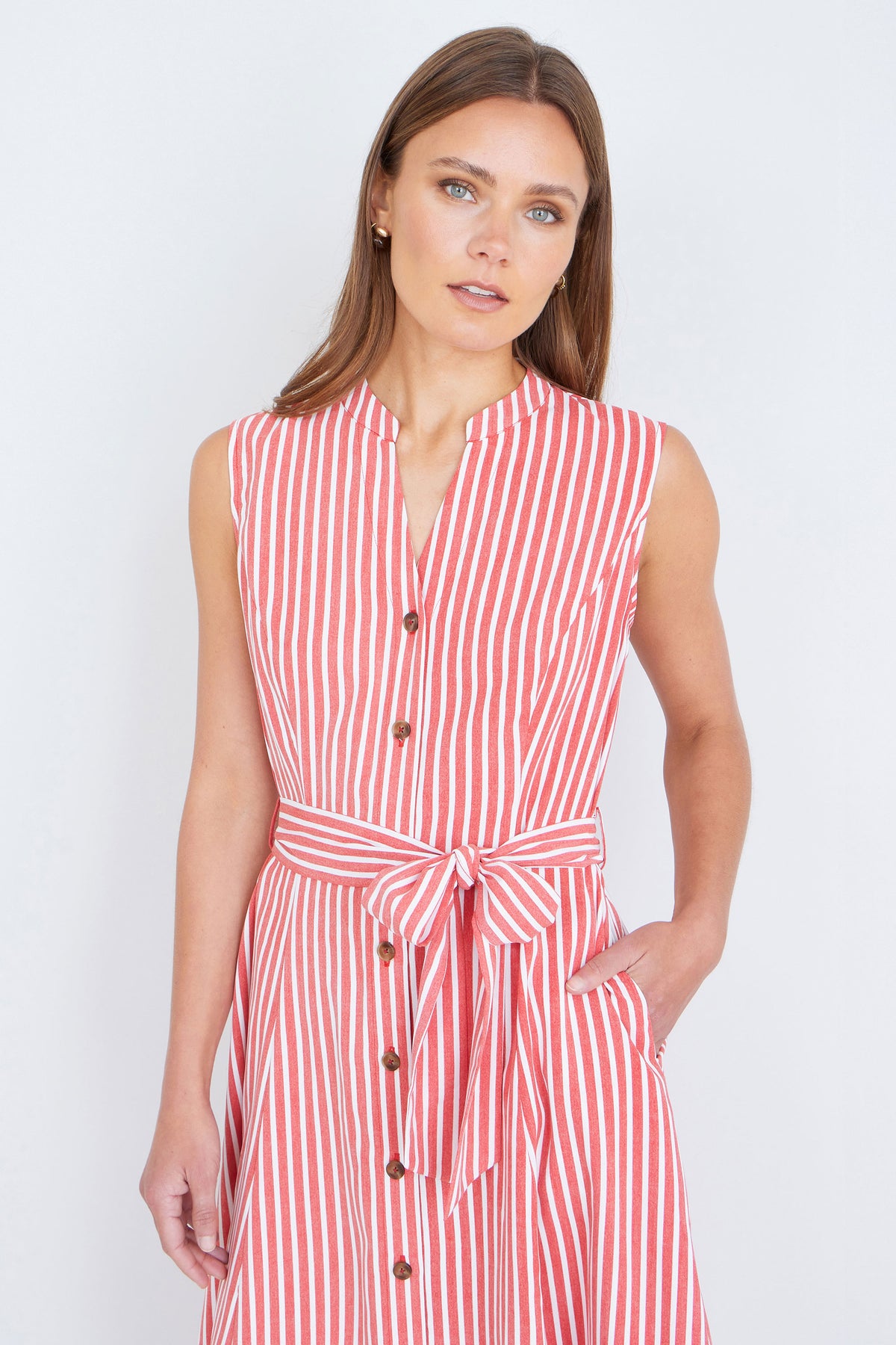 Yumi Red Stripe Midi Sleeveless Shirt Dress Dress Casual Yumi