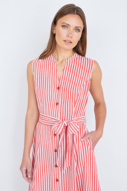 Yumi Red Stripe Midi Sleeveless Shirt Dress Dress Casual Yumi