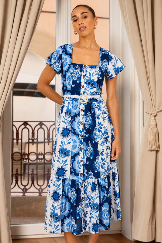 Yumi Blue Floral Viscose Midi Shirt Dress With Matching Belt Dress Casual Yumi
