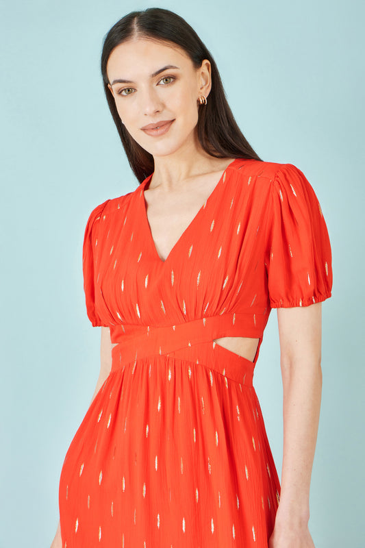 Yumi Orange Foil Print Viscose Cut Out Midi Dress Beachwear Yumi