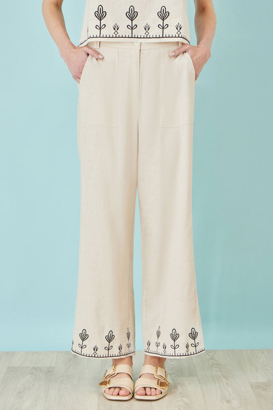 Yumi Ivory Linen Mix Embroirdered Trousers TROUSER Yumi