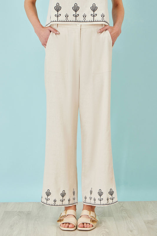 Yumi Ivory Linen Mix Embroirdered Trousers TROUSER Yumi