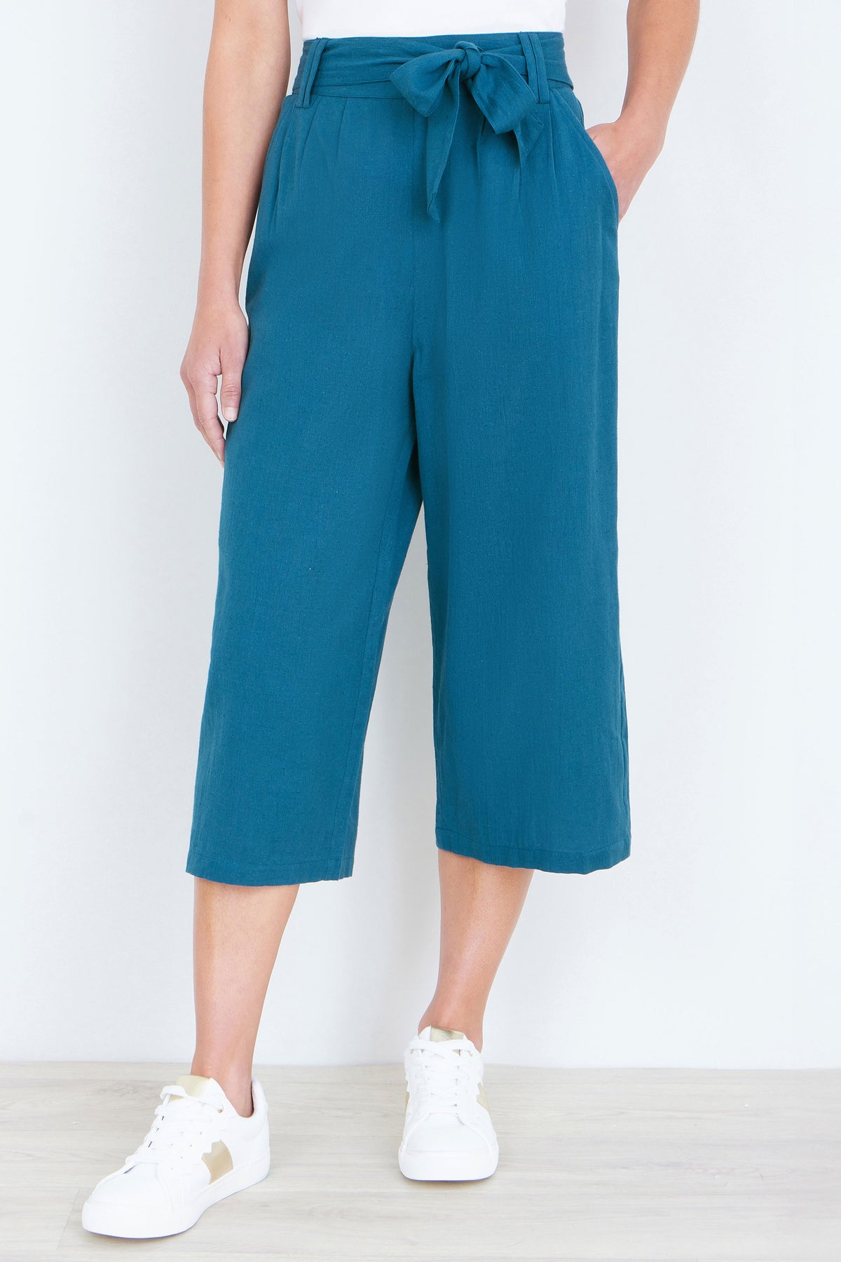 Yumi Teal Linen Mix Cropped Trousers With Tie Belt TROUSER Yumi