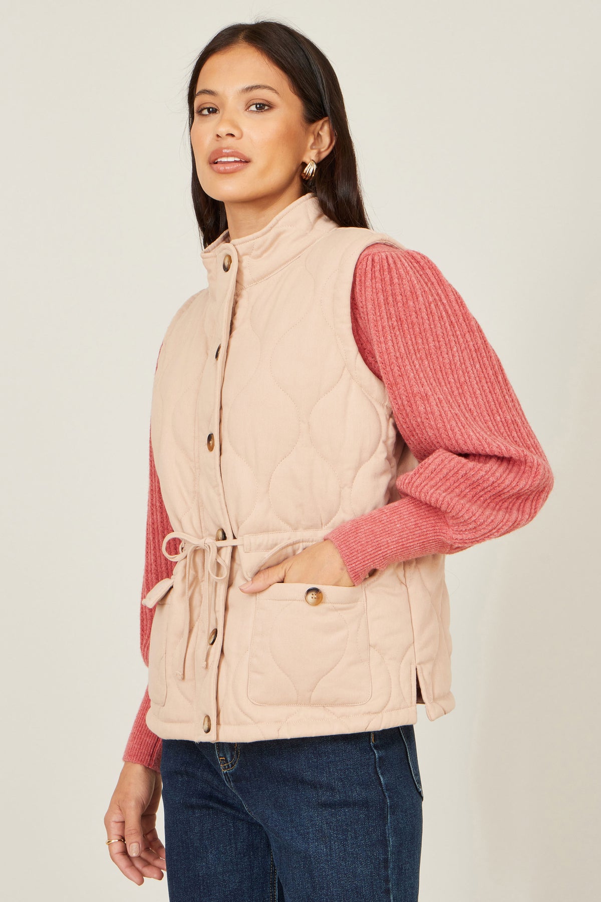 Yumi Beige Quilted Utility Gilet Outerwear Yumi