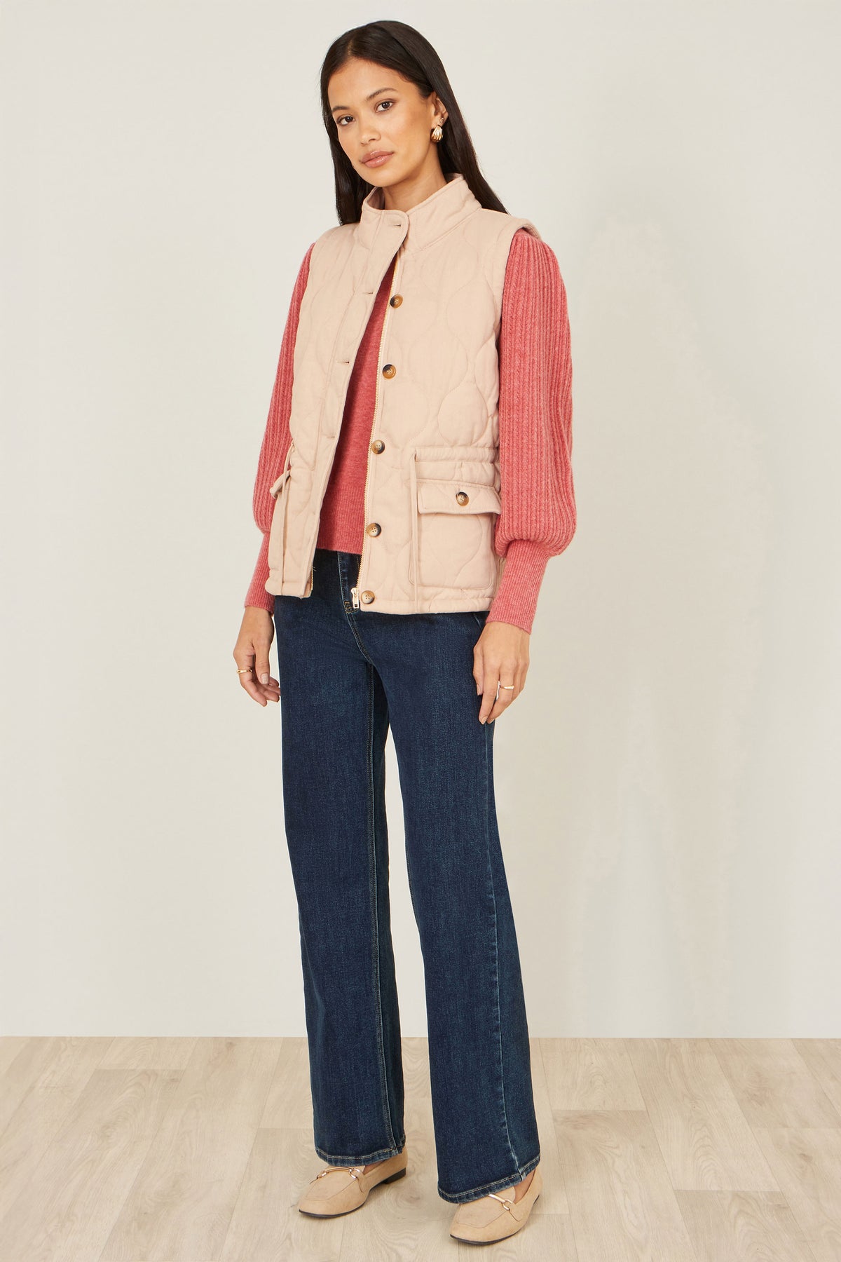 Yumi Beige Quilted Utility Gilet Outerwear Yumi