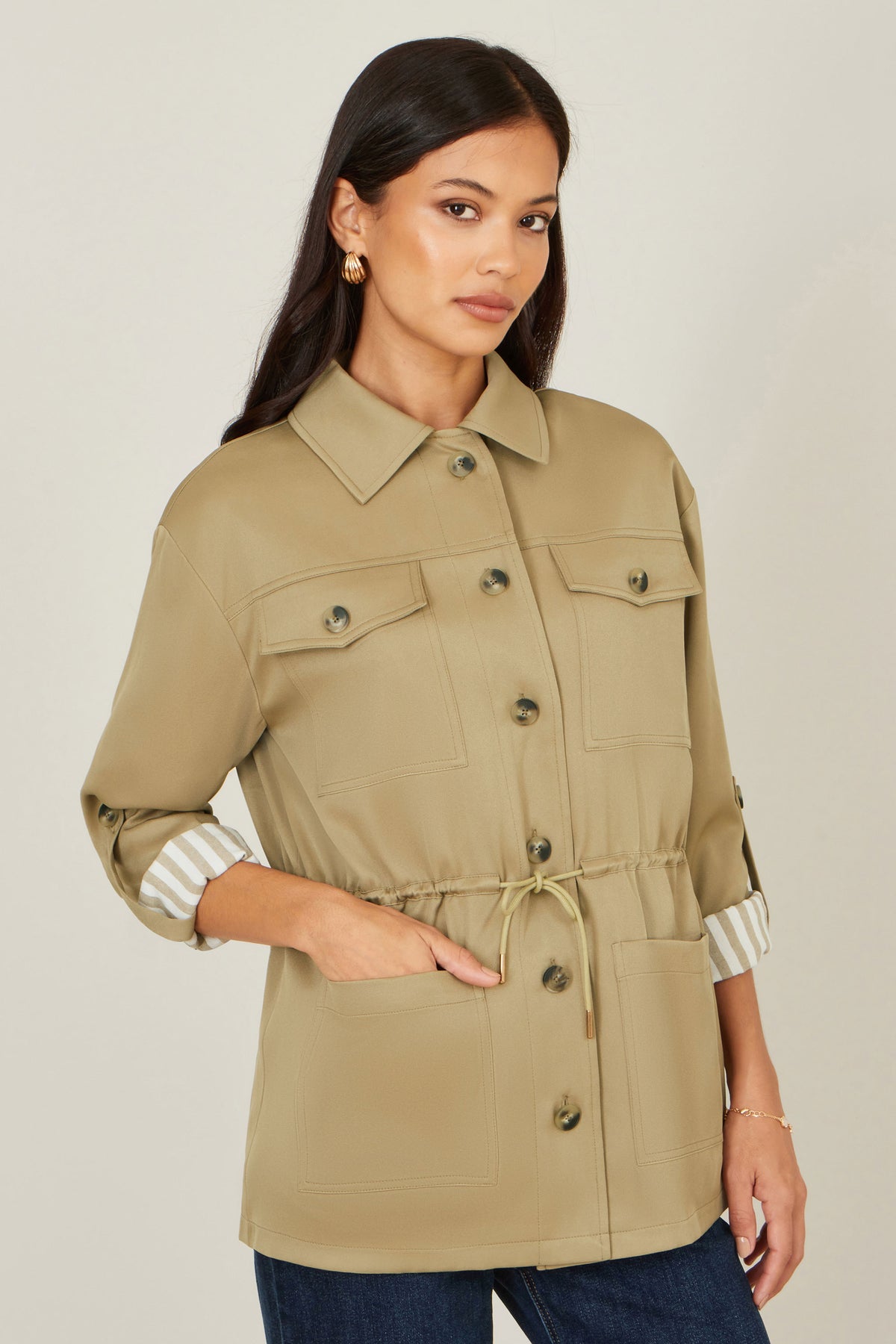 Yumi Green Utility Jacket With Drawstring Waist and Stripe Lining Outerwear Yumi