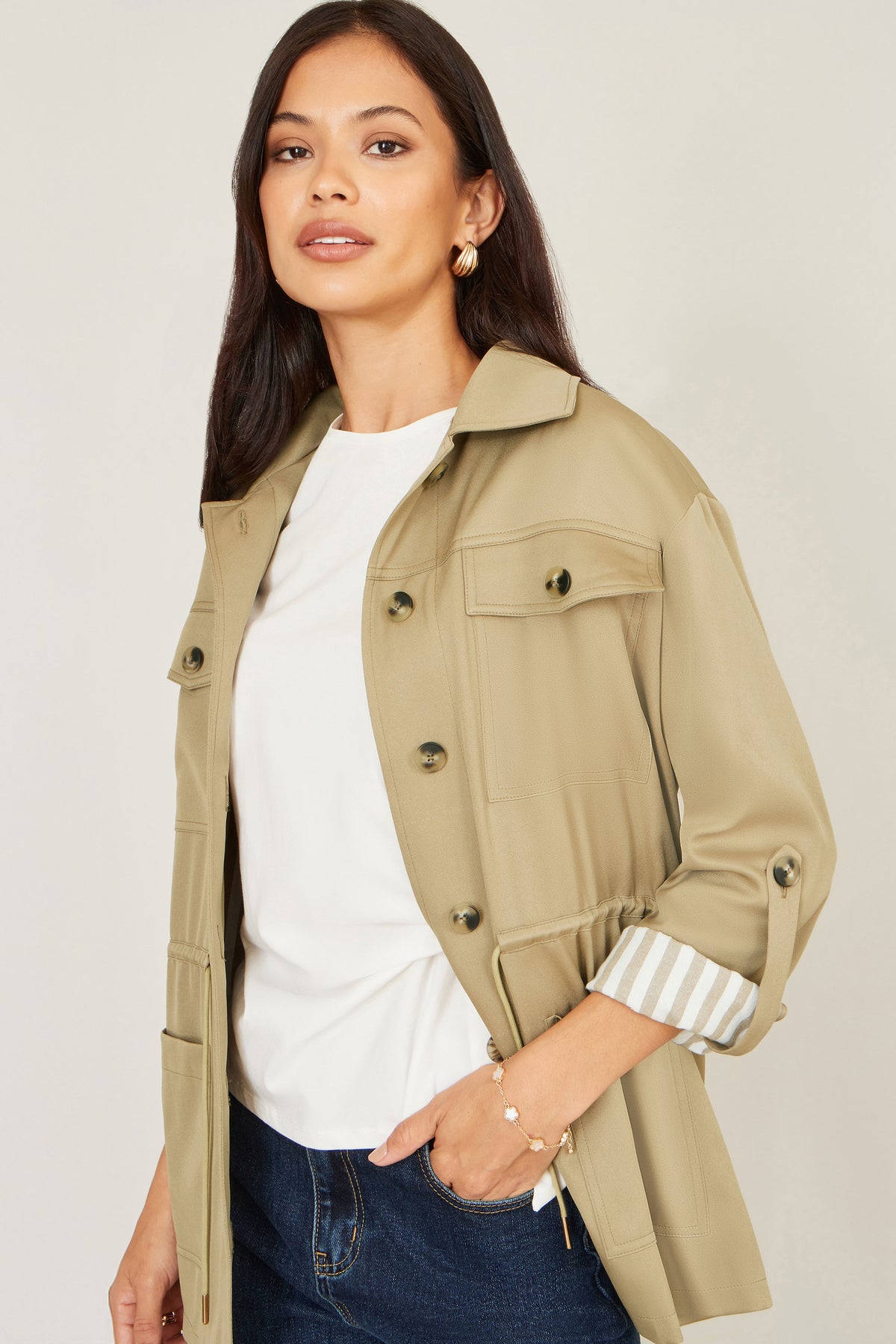 Yumi Green Utility Jacket With Drawstring Waist and Stripe Lining Outerwear Yumi