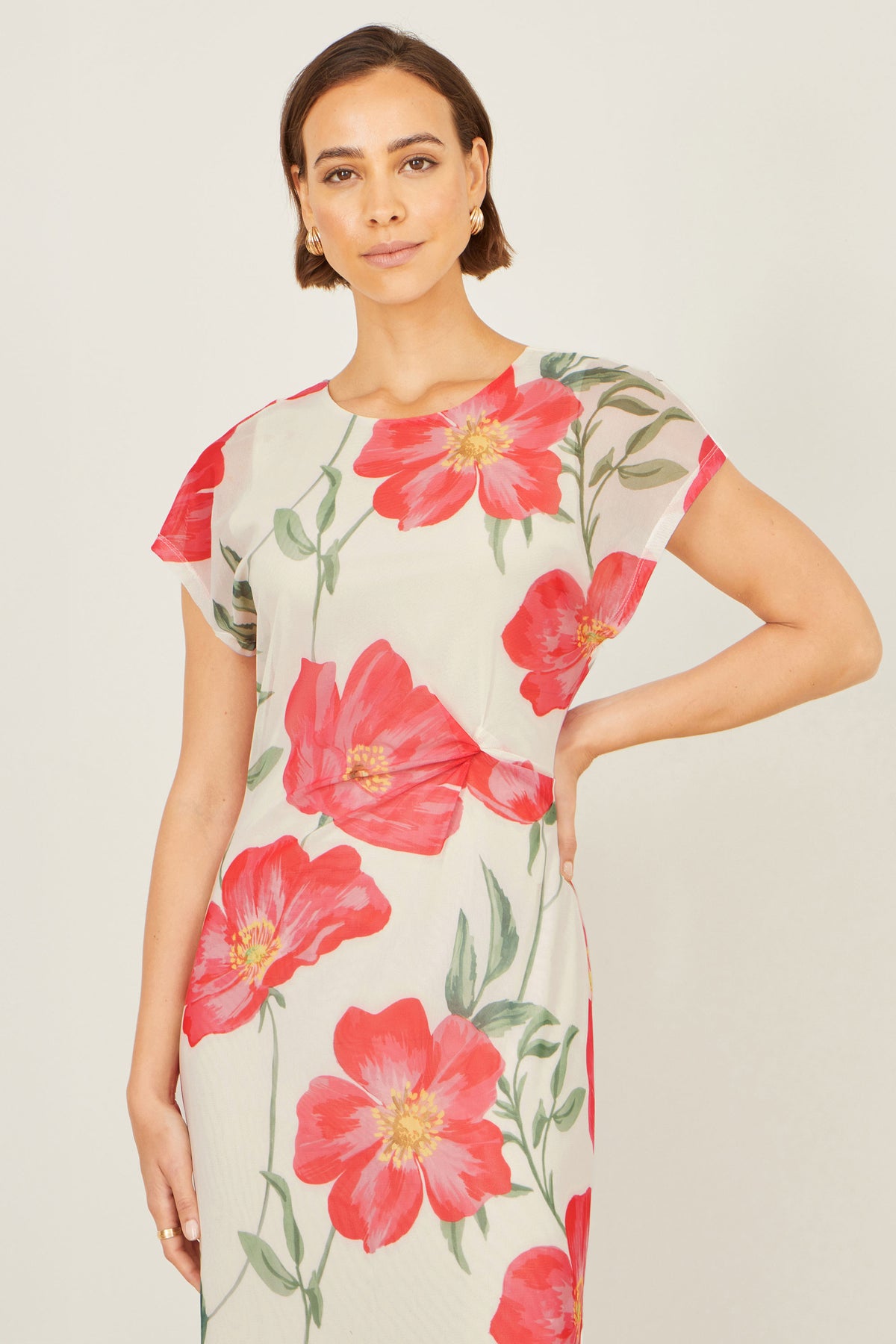 Yumi Ivory Poppy Print Midi Mesh Dress Dress Occasion Yumi