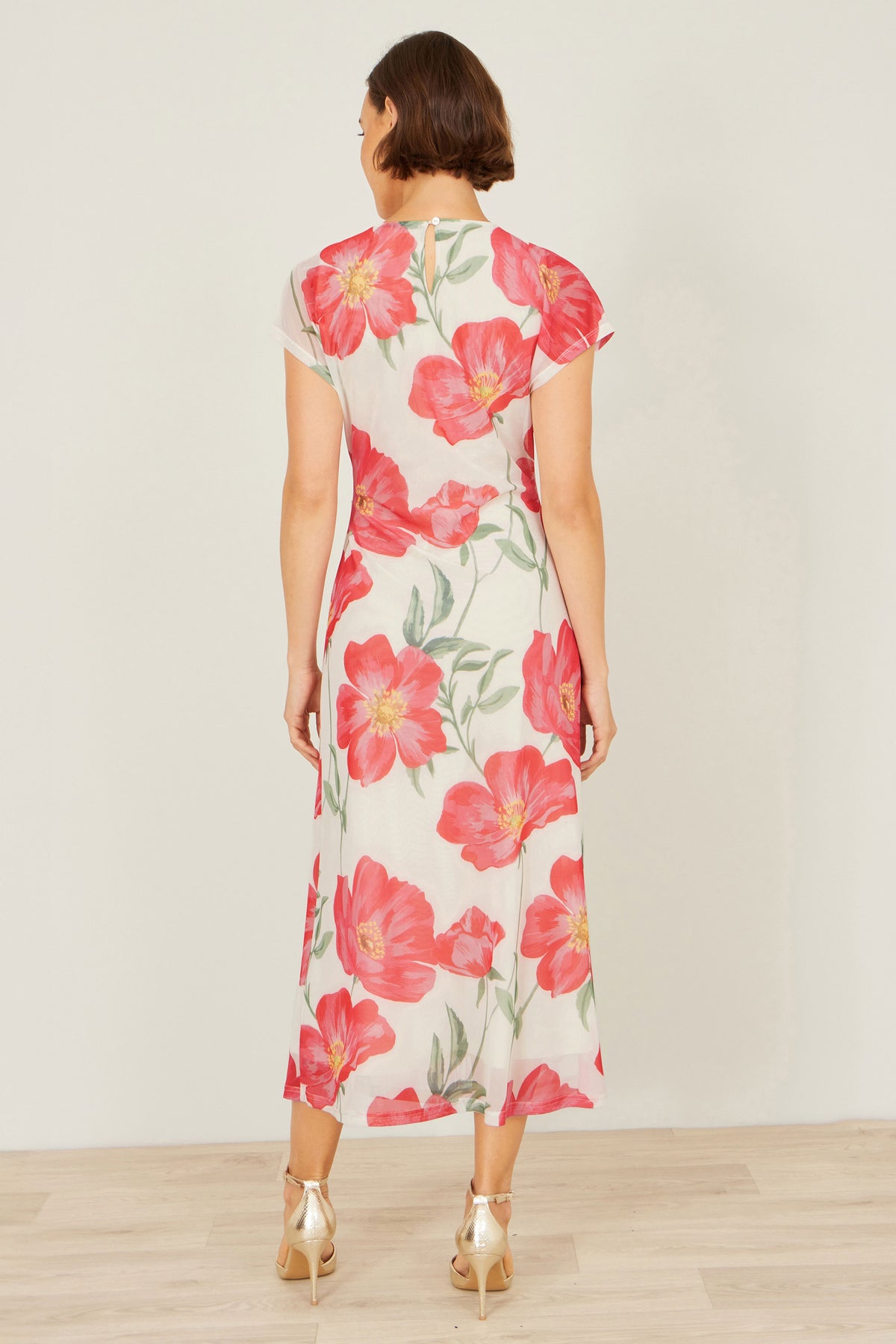 Yumi Ivory Poppy Print Midi Mesh Dress Dress Occasion Yumi