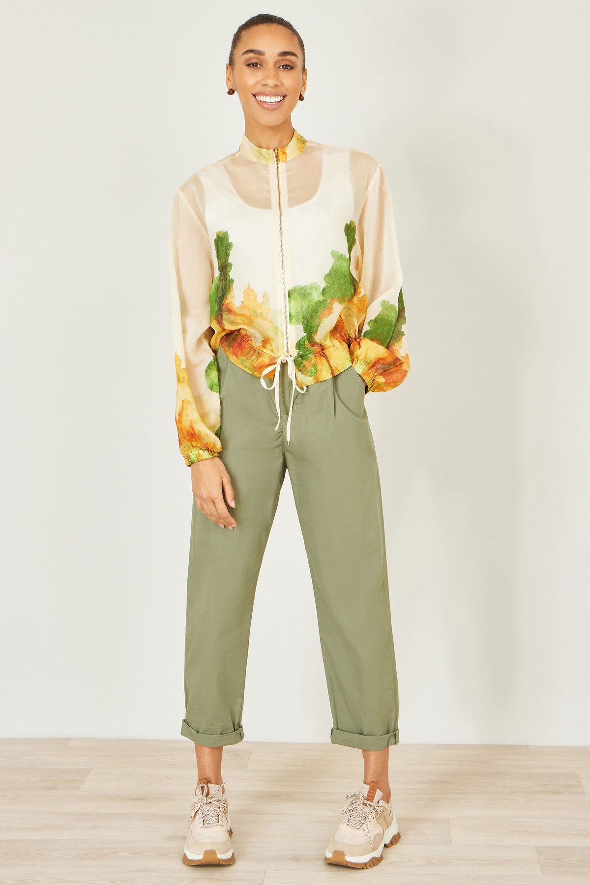 Yumi Beige Printed Lightweight Modal Bomber Jacket Outerwear Yumi
