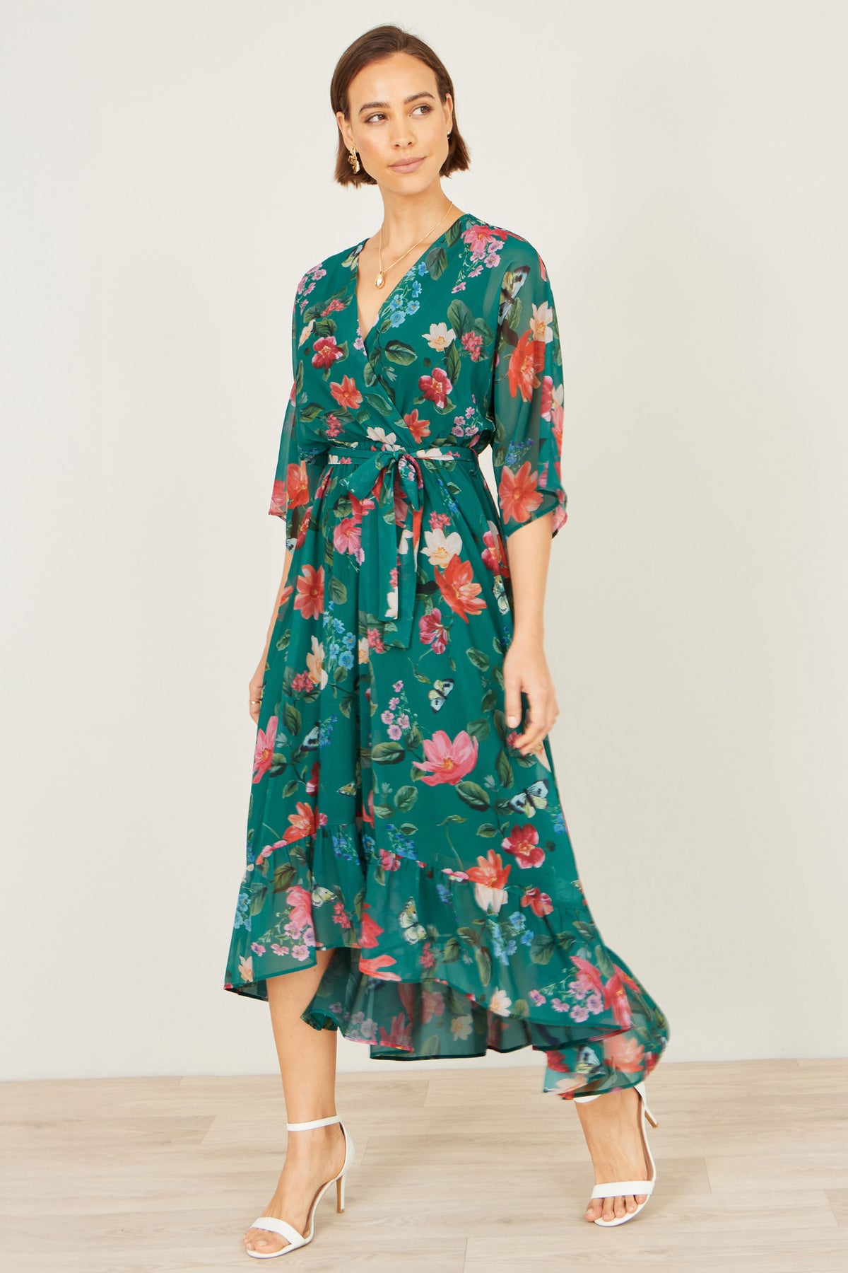 Yumi Green Floral Kimono Wrap Dress With Dip Hem Dress Occasion Yumi