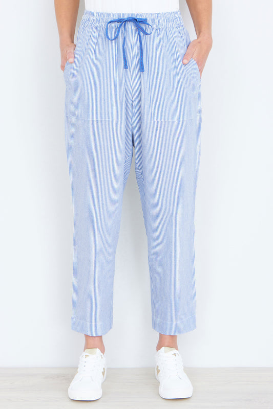 Yumi Blue Cotton Stripe Cropped Trousers TROUSER Yumi