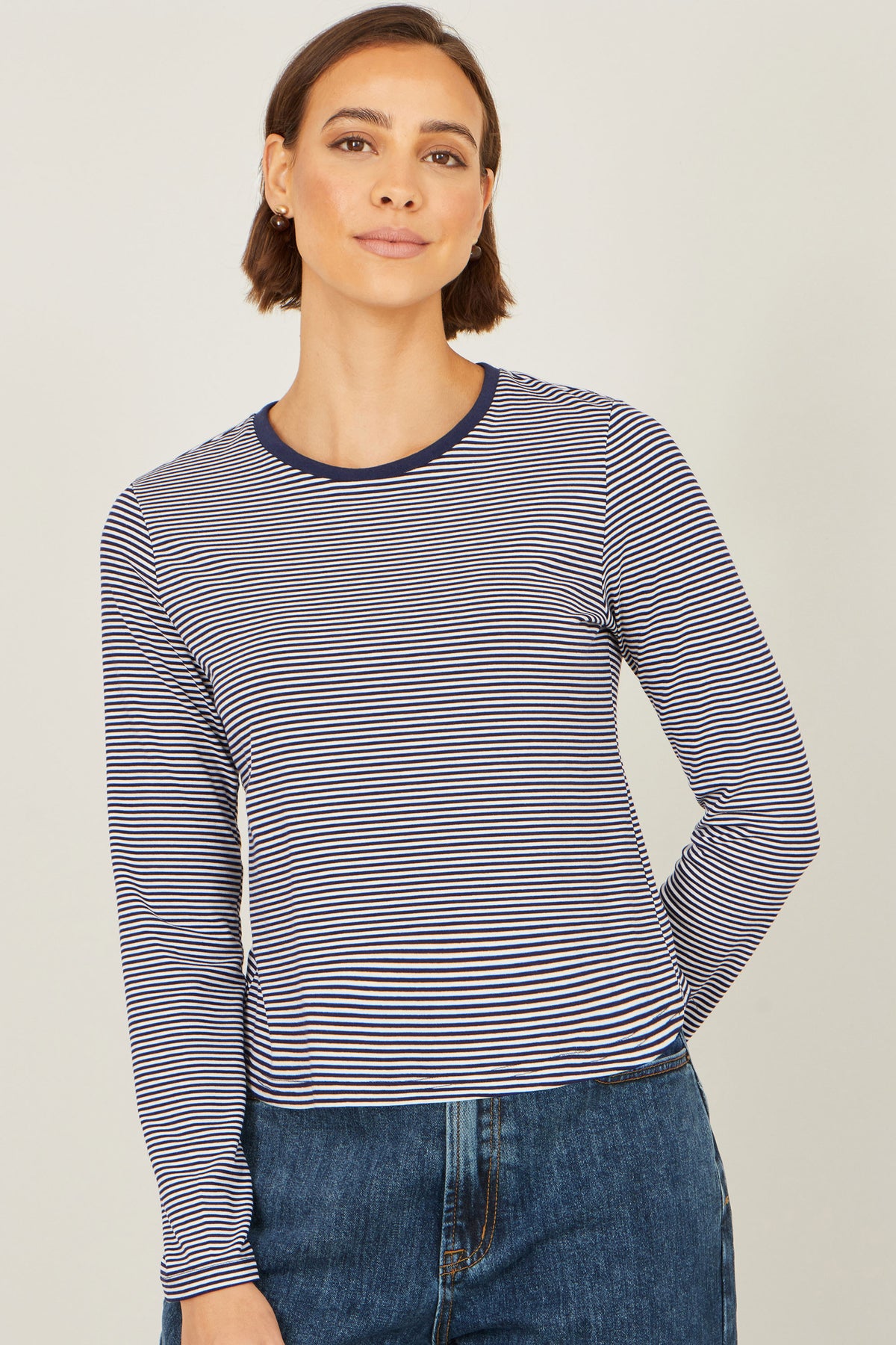 Yumi Navy Striped Jersey Long Sleeve T-Shirt Tops Yumi