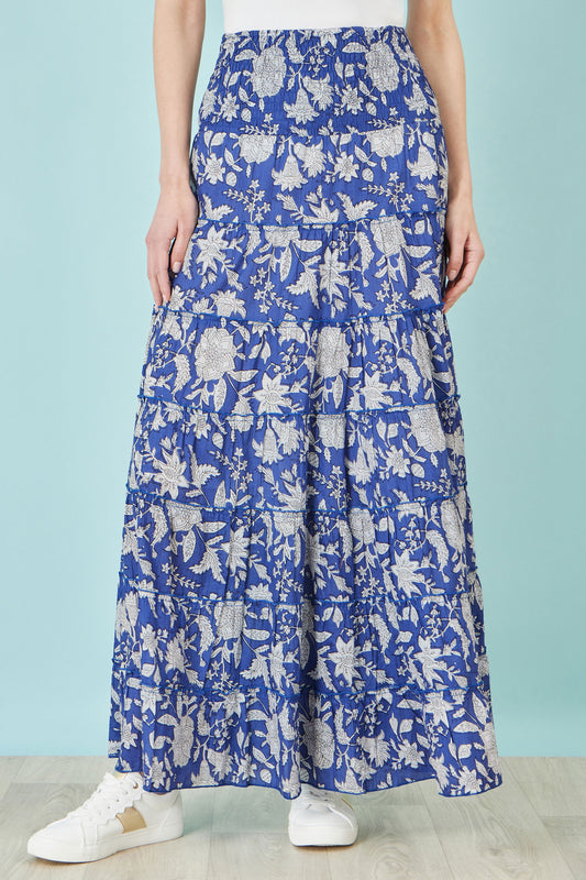 Yumi Blue Floral Cotton Tiered Maxi Skirt Skirts Yumi
