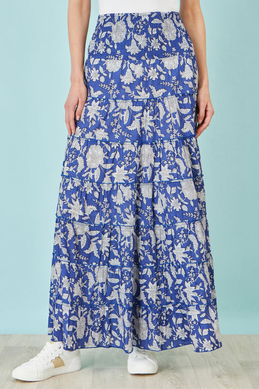 Yumi Blue Floral Cotton Tiered Maxi Skirt Skirts Yumi