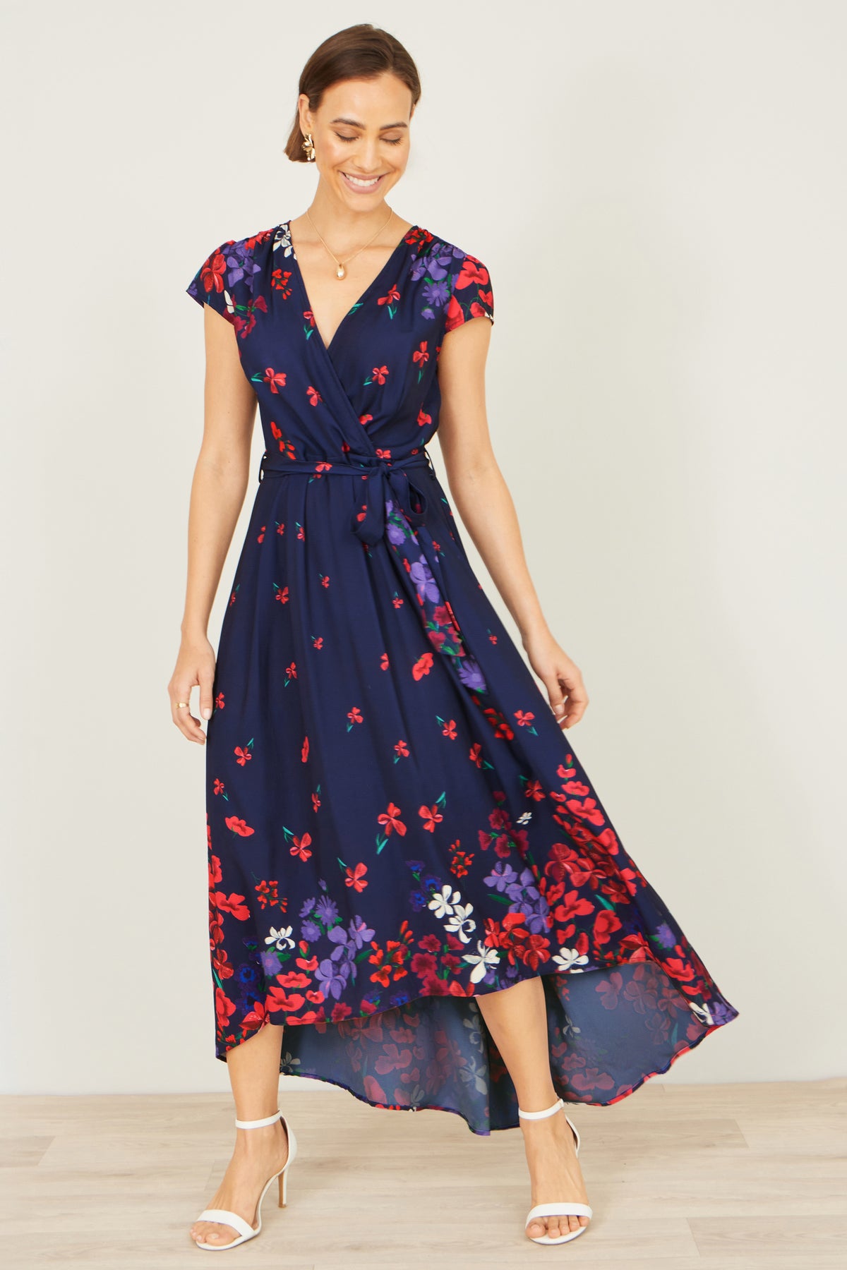 Yumi Navy Floral Mirror Wrap Dress With Dip Hem Dress Occasion Yumi