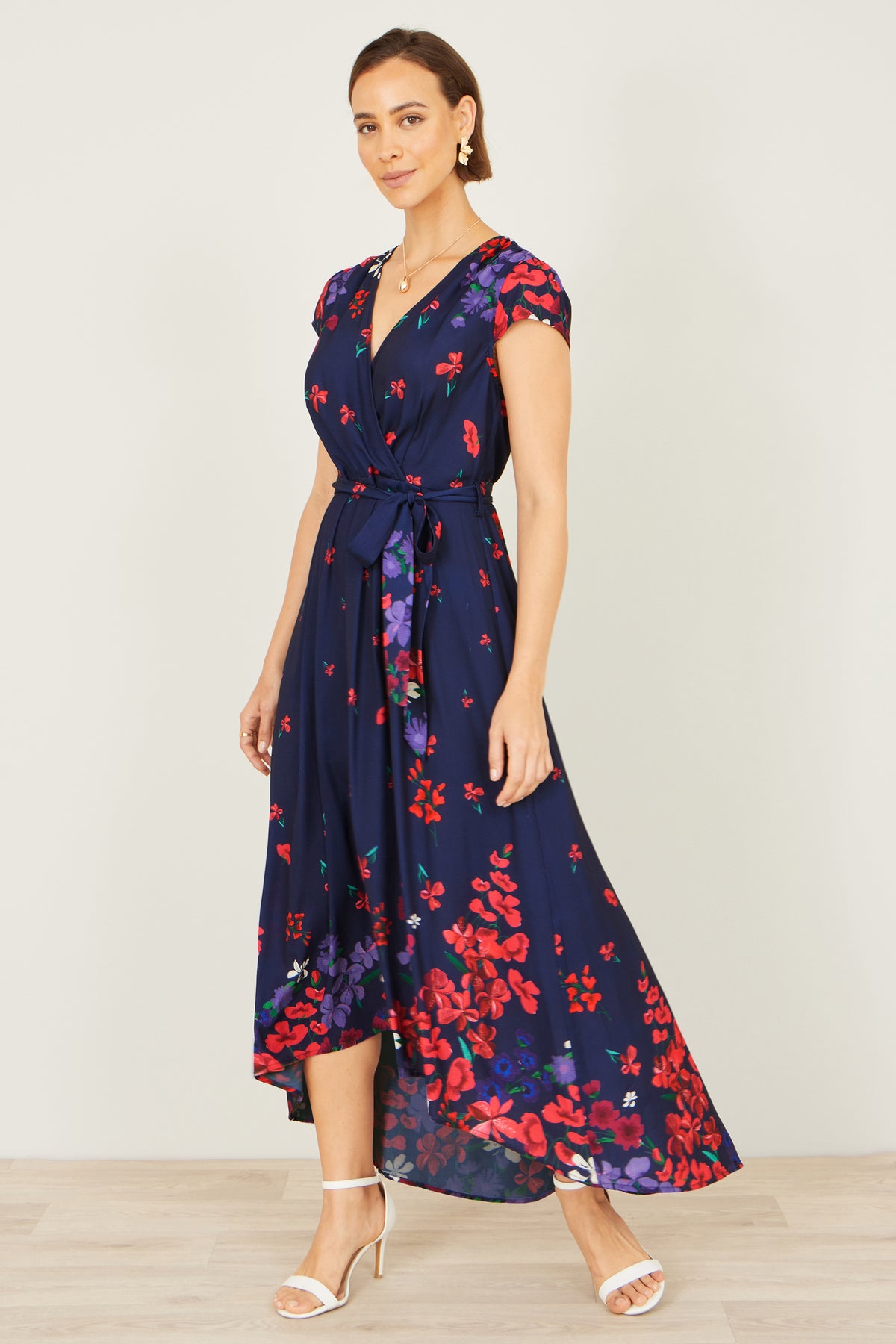 Yumi Navy Floral Mirror Wrap Dress With Dip Hem Dress Occasion Yumi