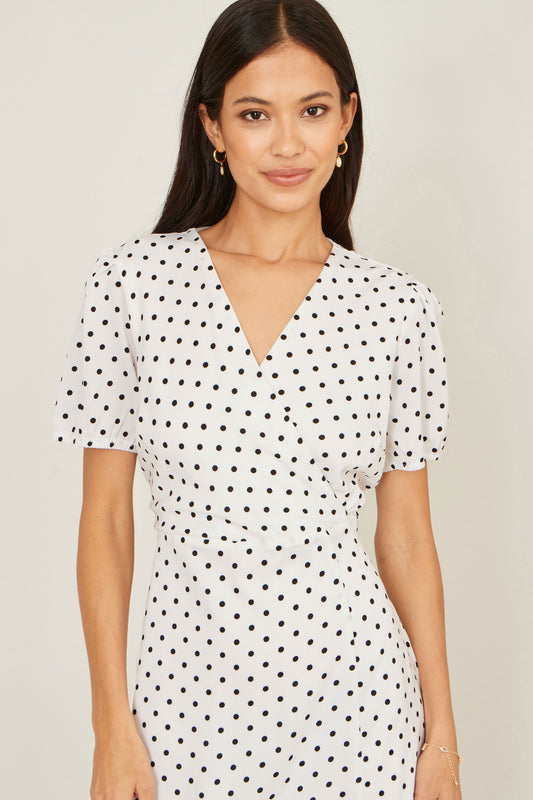 Yumi White Spot Print Wrap Tea Dress Dress Casual Yumi