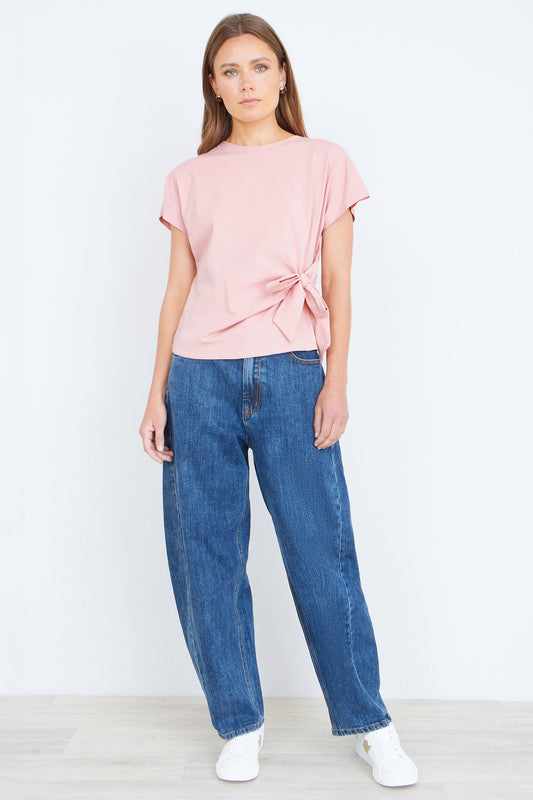 Yumi Pink Cotton Jersey Top With Knot Detail Tops Yumi