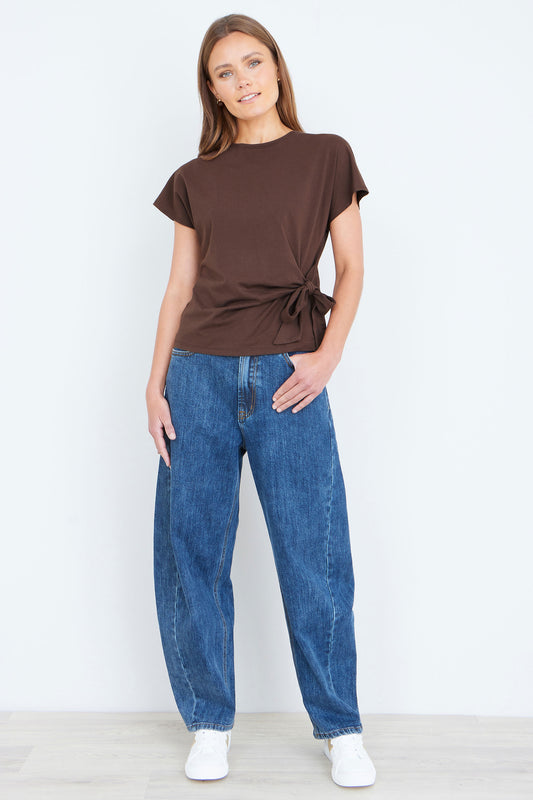 Yumi Brown Cotton Jersey Top With Knot Detail Tops Yumi