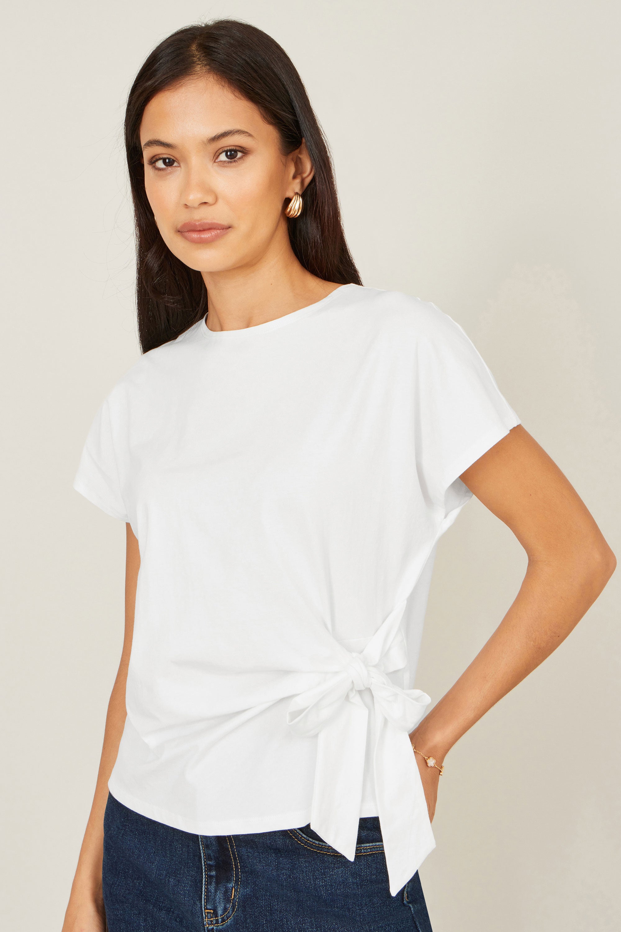 Yumi White Cotton Jersey Top With Knot Detail | Yumi