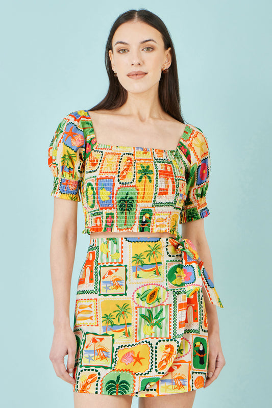 Yumi Multicolour Cropped Shirred Cotton Postcard Print Top Tops Yumi