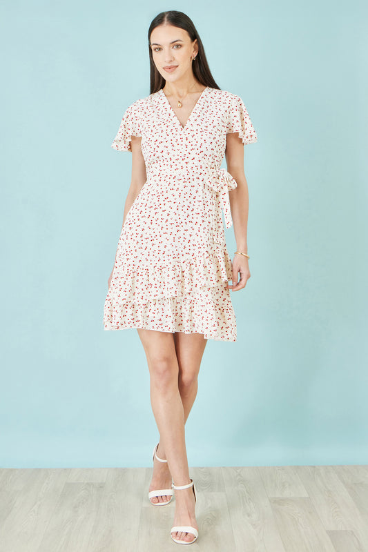 Yumi White Ditsy Print Frill Wrap Dress Dress Casual Yumi